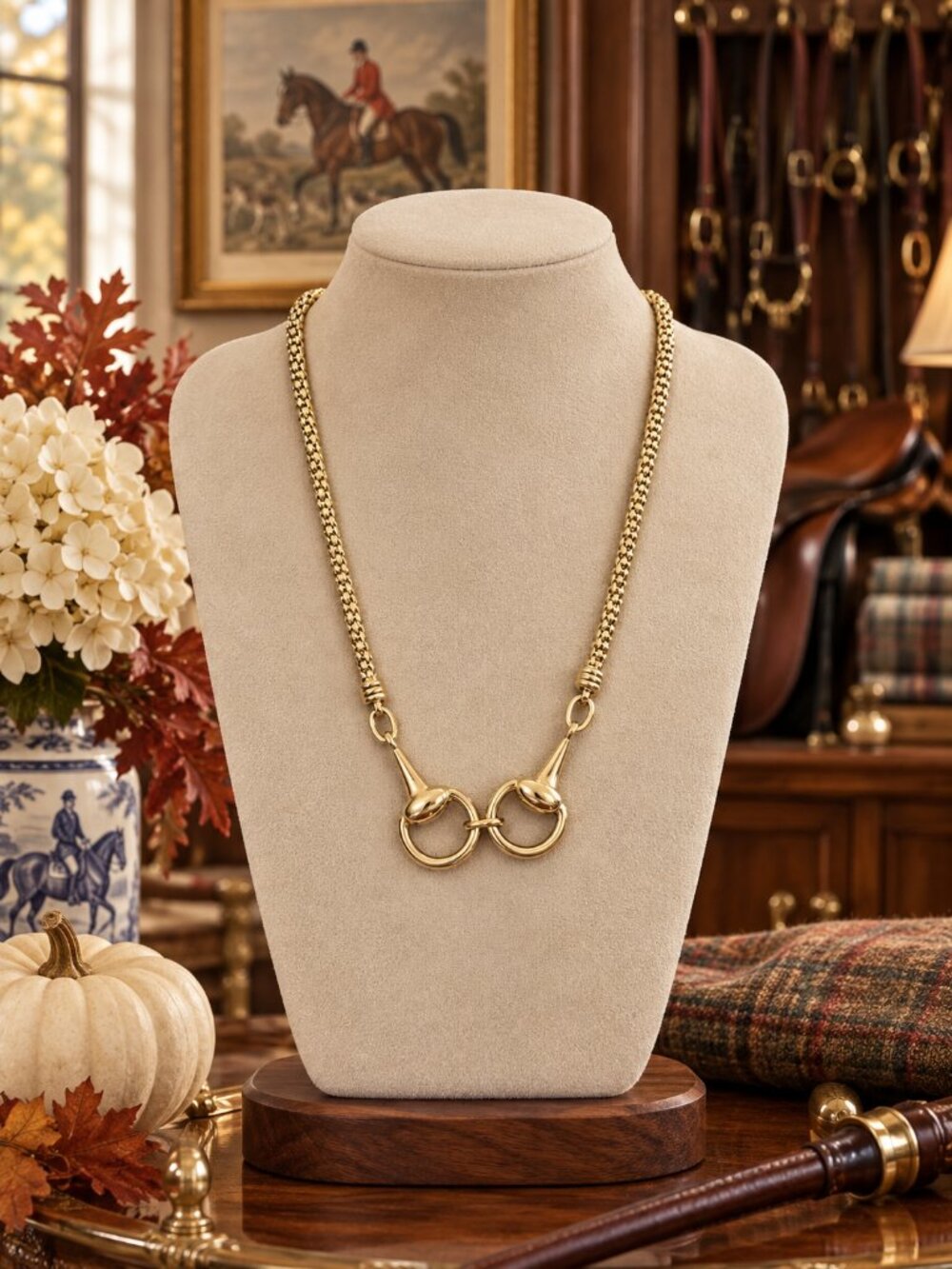 Gold Horse Bit Necklace, Equestrian Snaffle Bit Necklace, Gold Tone Horse Jewelr
